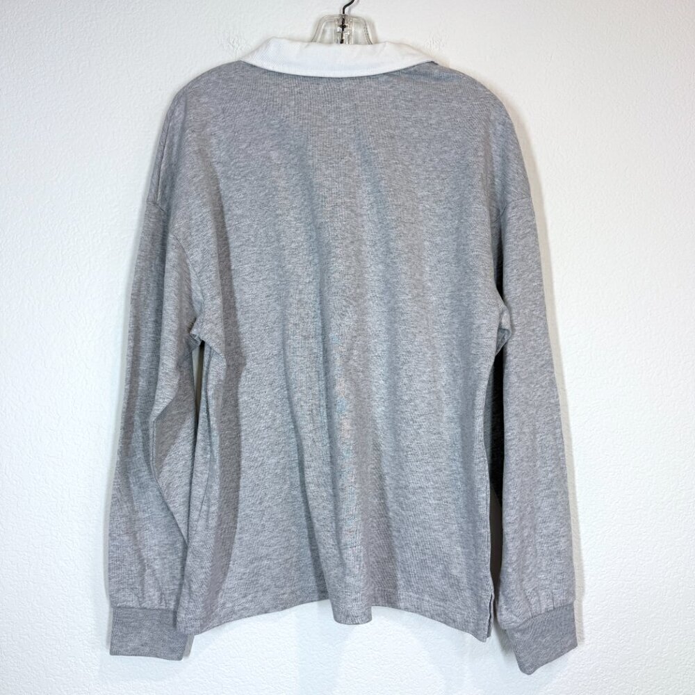 Rugby Polo Top Shirt Sweatshirt Oversized Gray White Academia Preppy - Picture 4 of 11